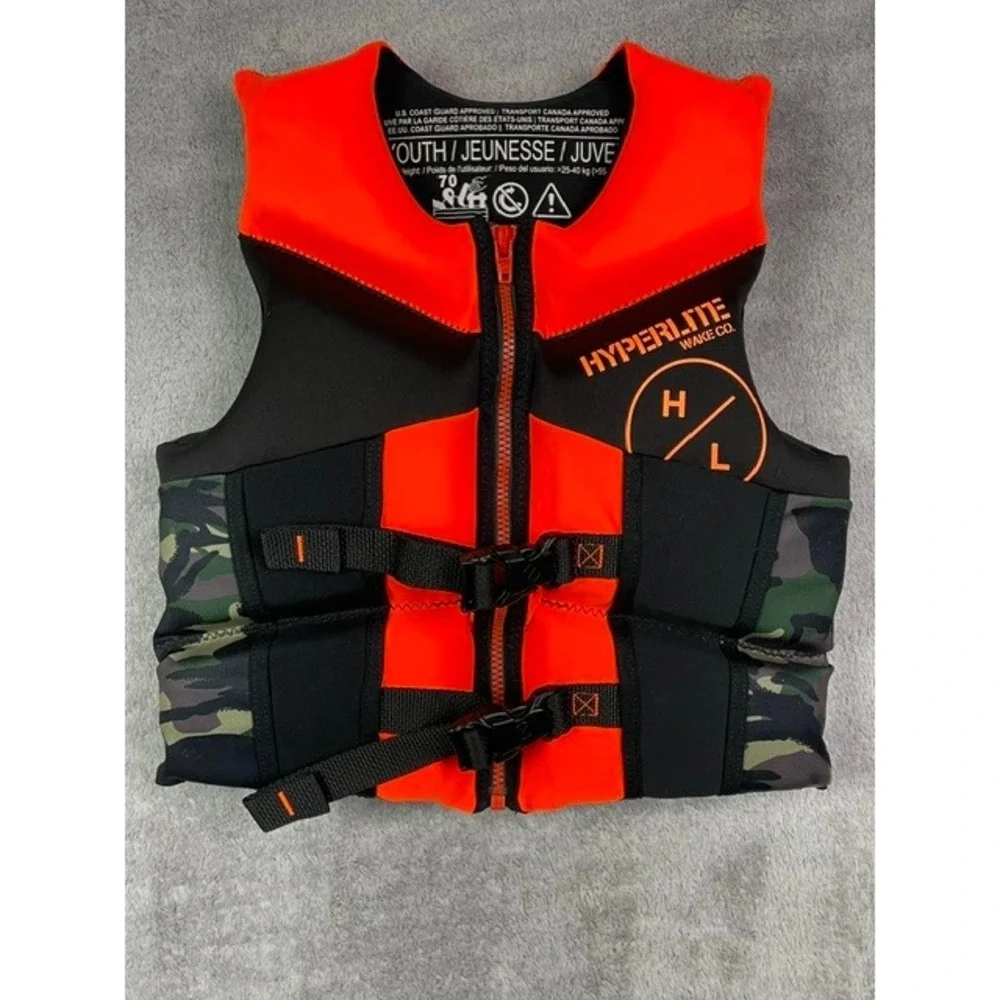 Hyperlite Youth Life Vest PFD Camo Orange Size 55-88 lbs US Coast Guard Approved